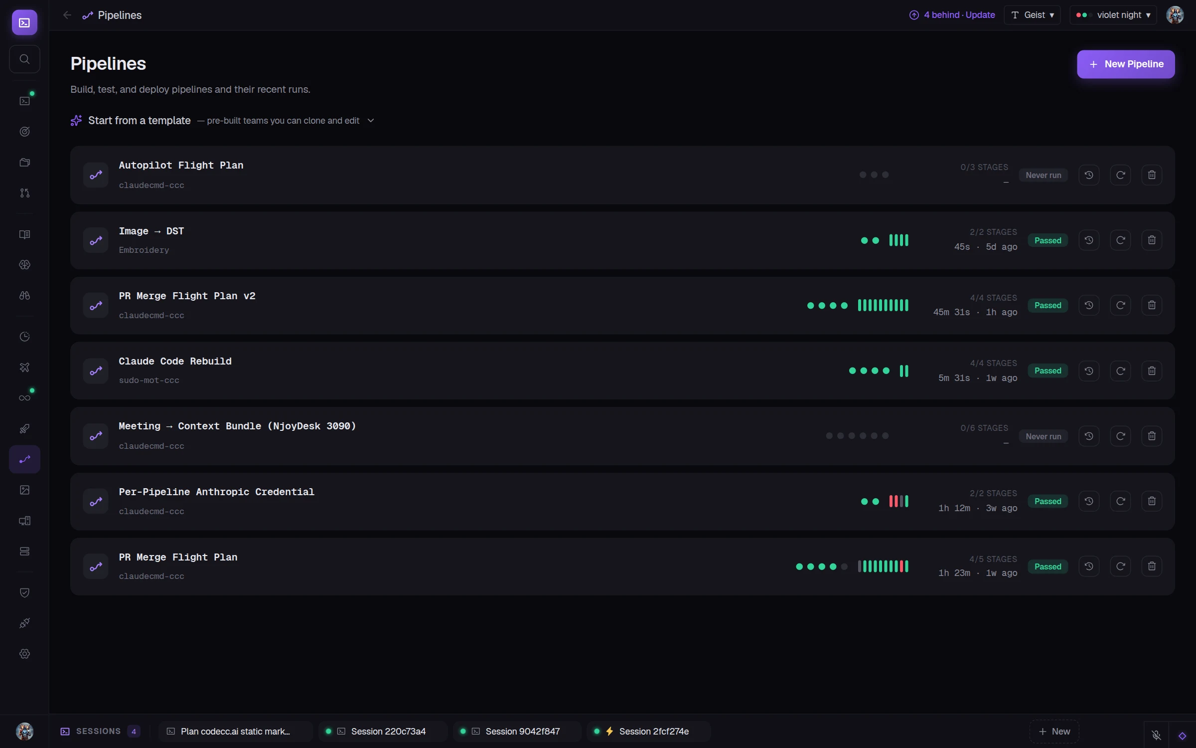 CCC Pipelines view: a list of multi-agent pipelines showing stage progress and pass/fail run history.