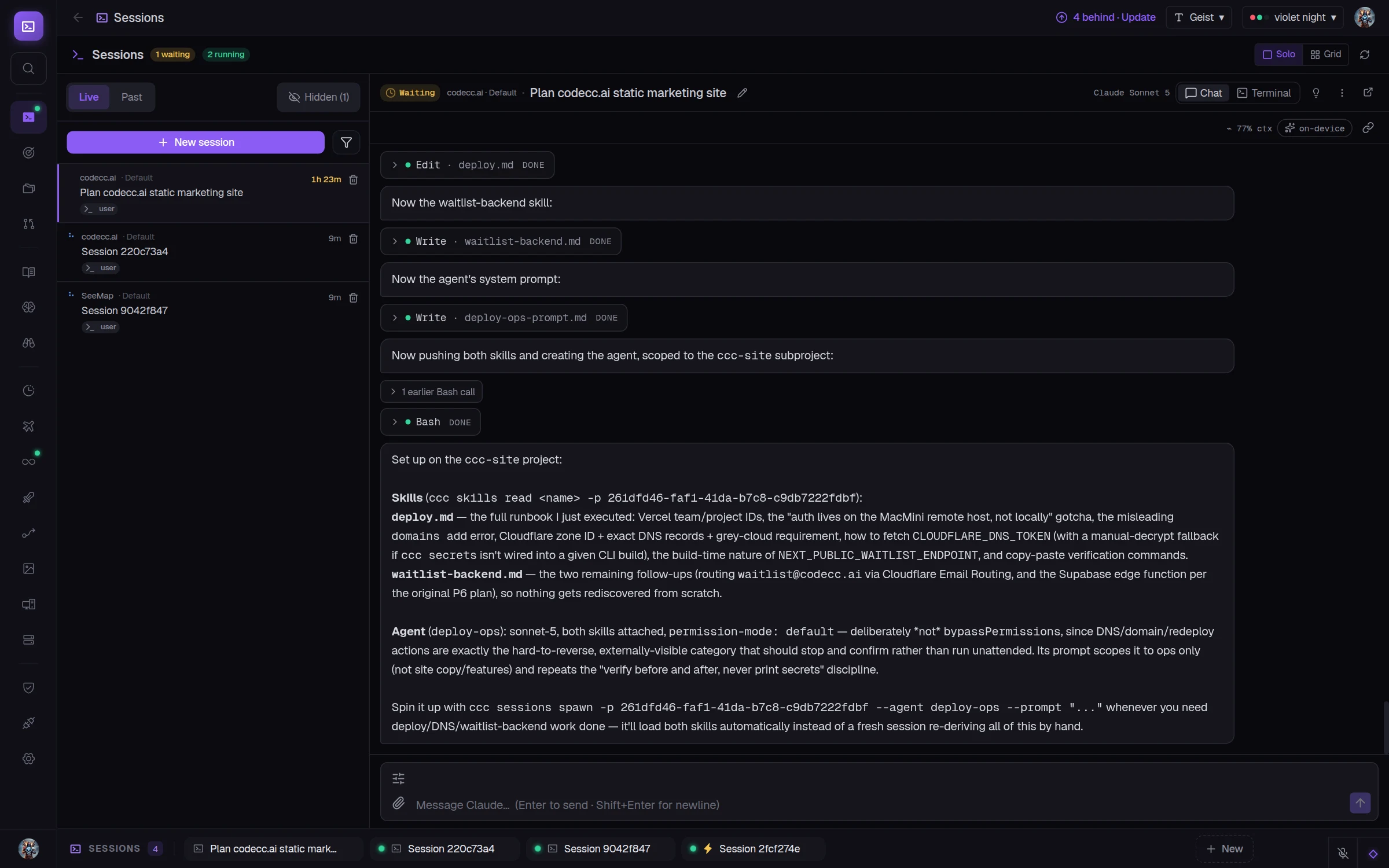 CCC Sessions view: a running Claude Code session with a chat transcript, a session list on the left, and a live-session tab bar.